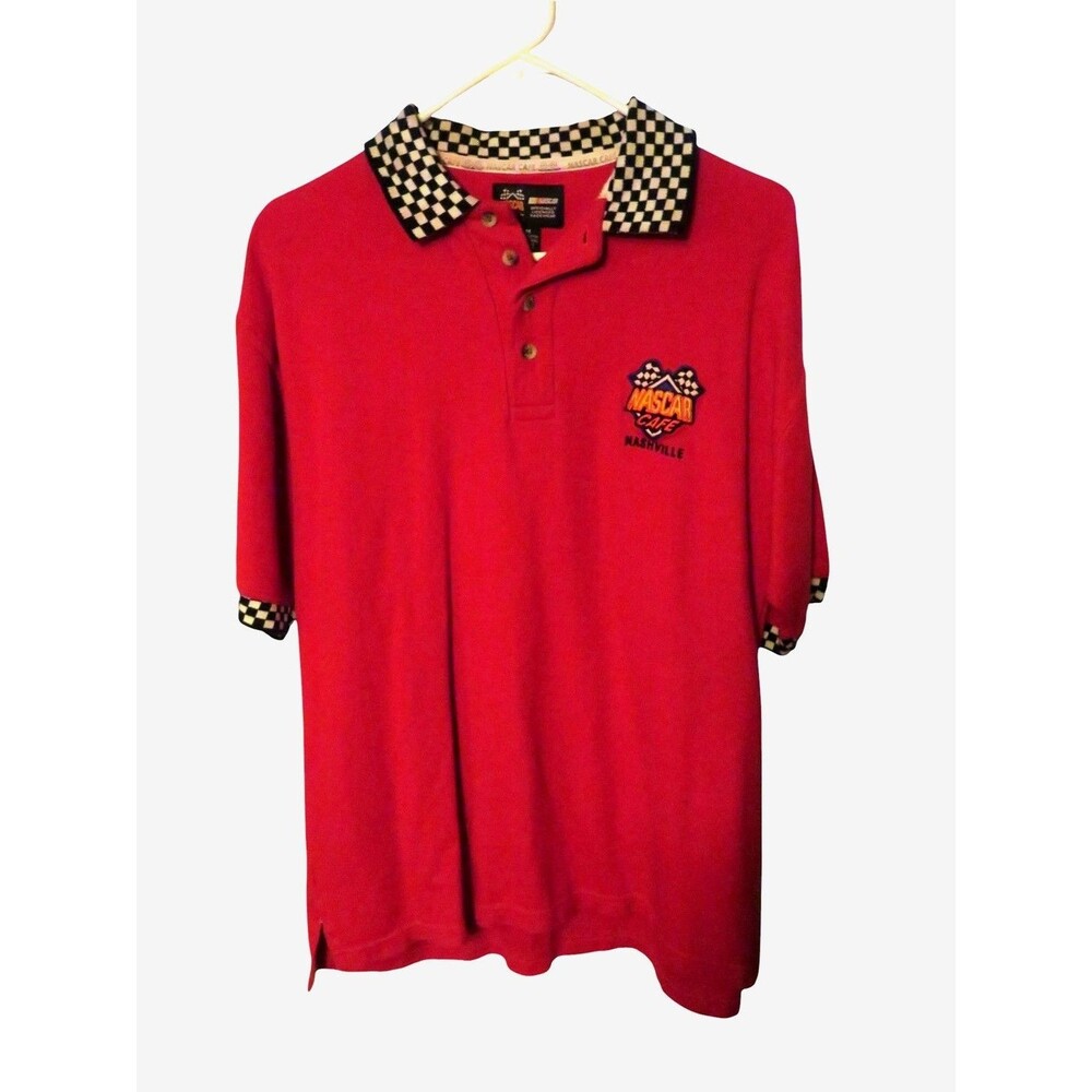 Vintage NASCAR CAFE Nashville Polo Shirt Red Mens Medium Checker Collar Y2K